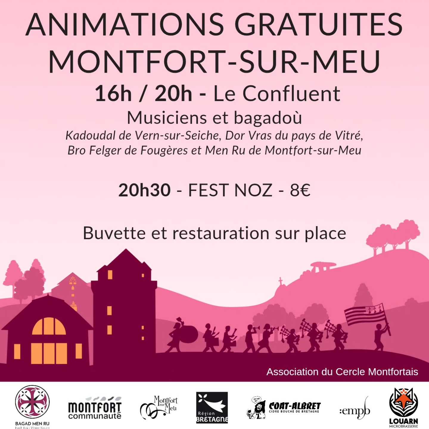 Samedi 20 septembre après-midi pour les 30 ans du bagad des animations gratuites sont prévues au Confluent de Montfort-sur-Meu.

Musiciens et Bagadoù seront présents pour animer l'après midi entre 16h et 20h.

Venez boire un coup ou vous restaurer en écoutant les groupes.

Un fest noz est aussi prévu en soirée, à partir de 20h30, avec une entrée à 8€ sur place et 7€ en prévente (lien dans le bio du bagad).

Bagad Men Ru - association du Cercle Montfortais

Avec le soutien de la région Bretagne